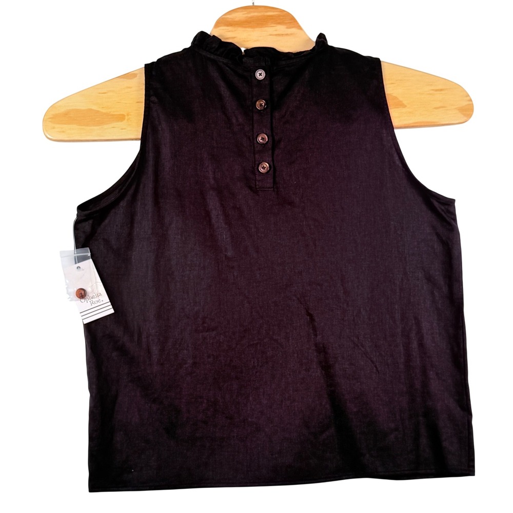Ophelia Roe Women L Tank Top Black Ruffle Neck Linen Blend Button Back Summer